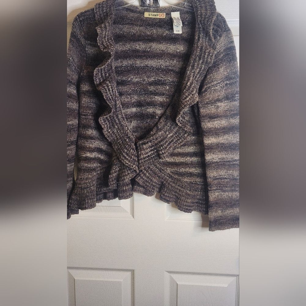STAMP 10 XL Gray WOOL Blend Lslv 1 Button Knit  Ruffled Striped Women Cardigan